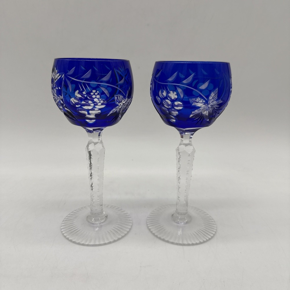 Pair of 2 Nachtmann Traube Cut to Clear Crystal Blue Stemmed Wine Glasses ~6.5"